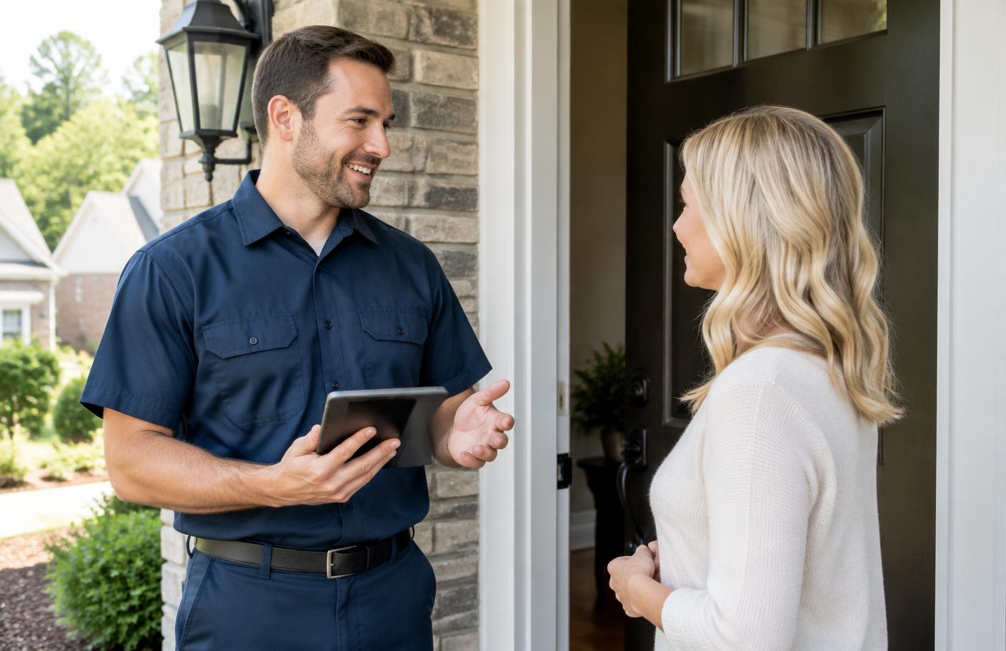 Professional plumber discussing service options with a homeowner