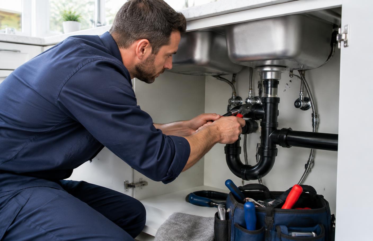 Professional plumber repairing residential drain piping