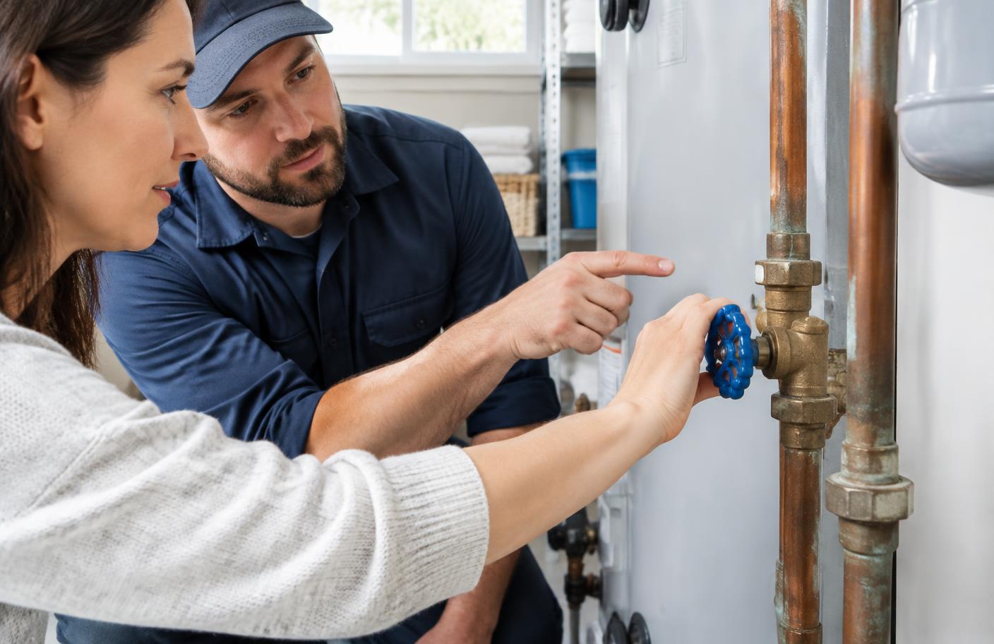 Homeowner learning how to operate a main water shutoff valve