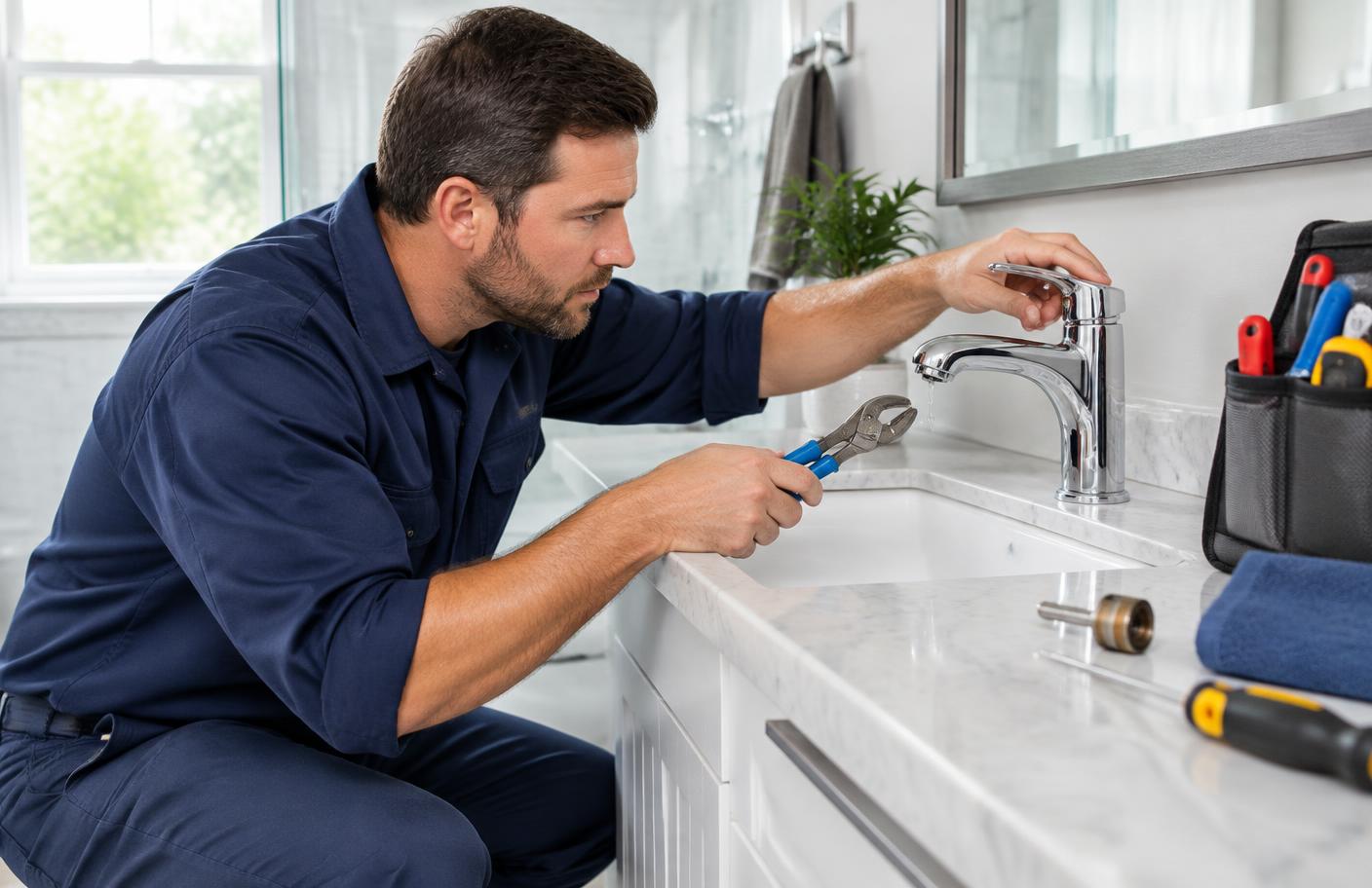 Professional plumber inspecting and repairing a household fixture