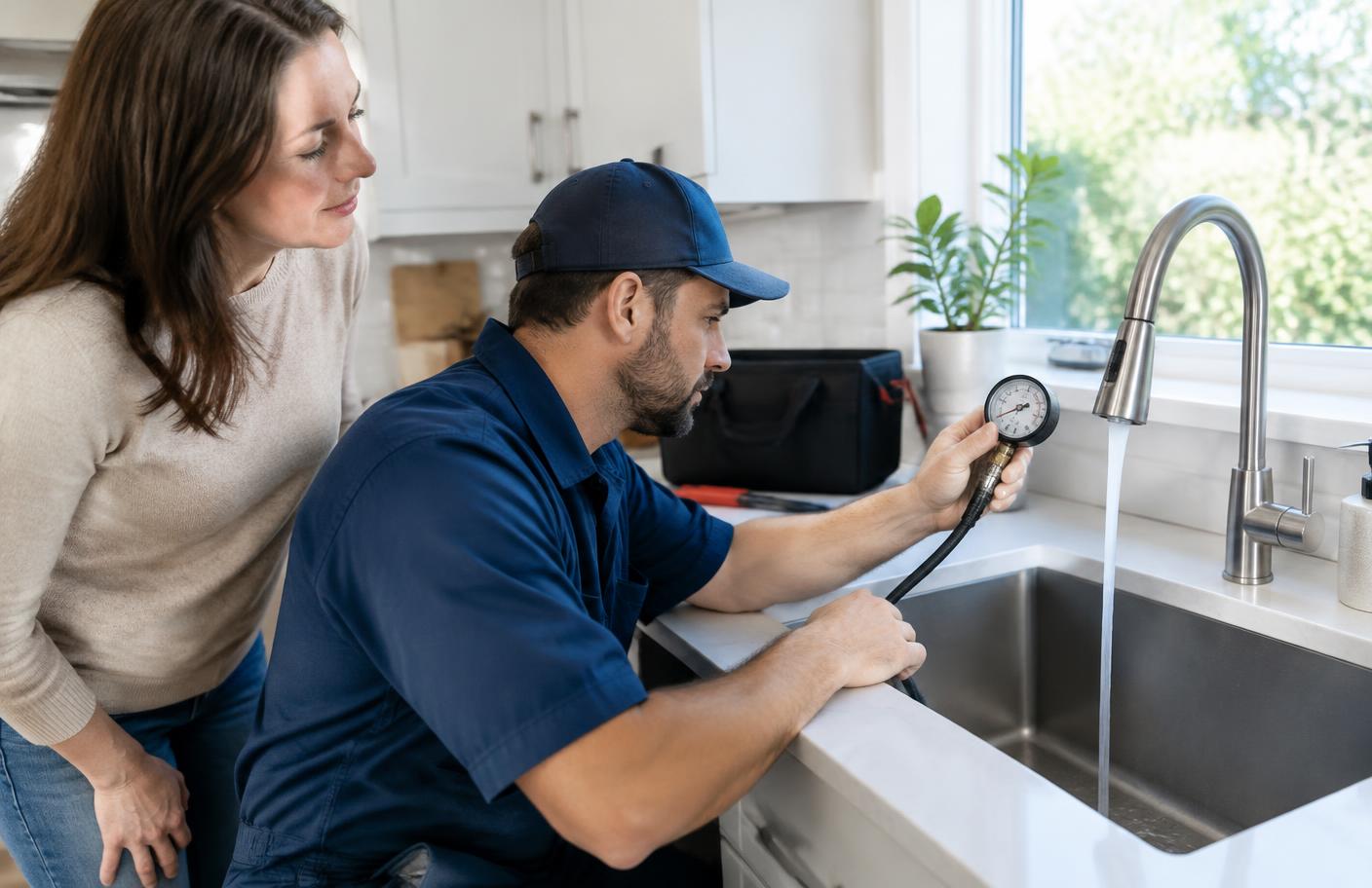 Professional plumber checking household water pressure